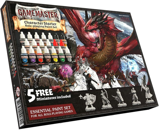The Army Painter-Gamemaster Character Paint Set with 20 Warpaint 19x12 ml and 12 ml Brush-on Primer, 5 28mm Miniatures for Miniature Wargaming, Acrylic Paint Set, Detail Paint Brush & Guide Book