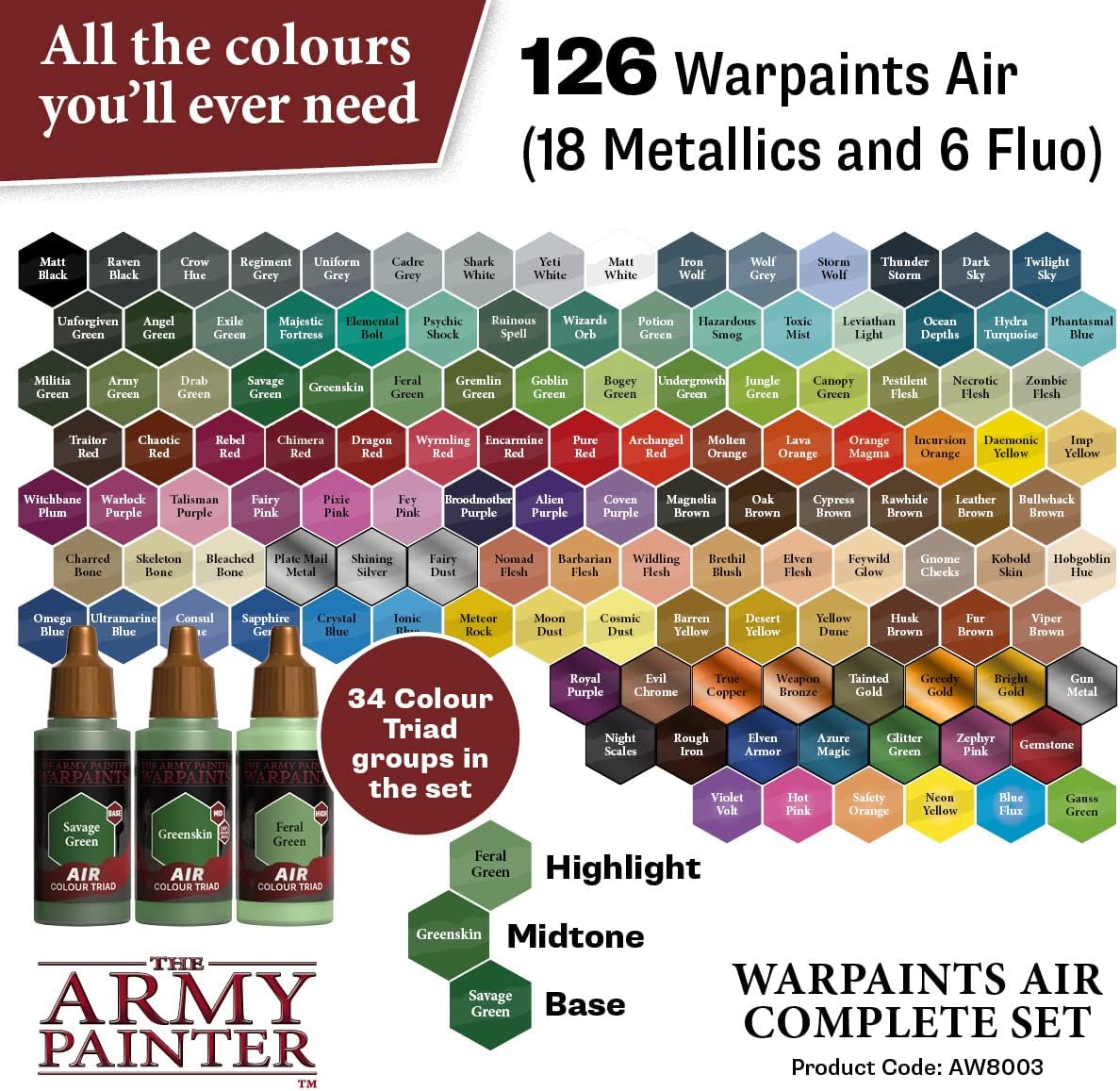 The Army Painter Warpaints Air Complete Set - 126 Non-Toxic Water Based Airbrush Paint Set – Miniature Paint for Tabletop Roleplaying, Boardgames, and Wargames Miniature Model Painting